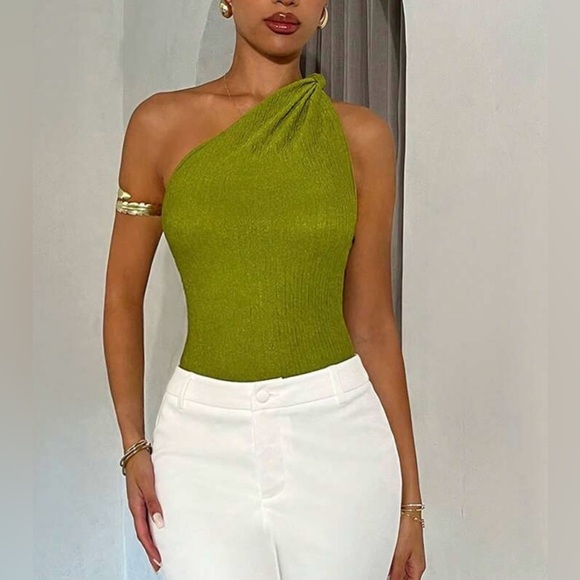 SHEIN One-Shoulder Green Ribbed Bodysuit – Size L – Stretchy & Chic - Picture 2 of 7